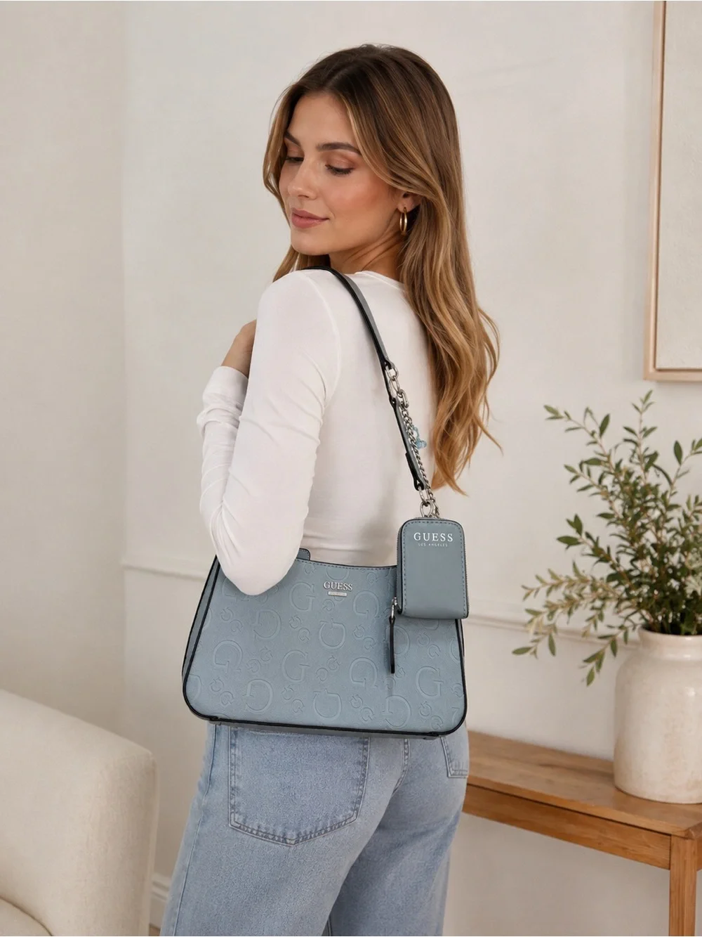 GUESS Light Blue Embossed Logo Shoulder‎ Bag with Phone Pouch